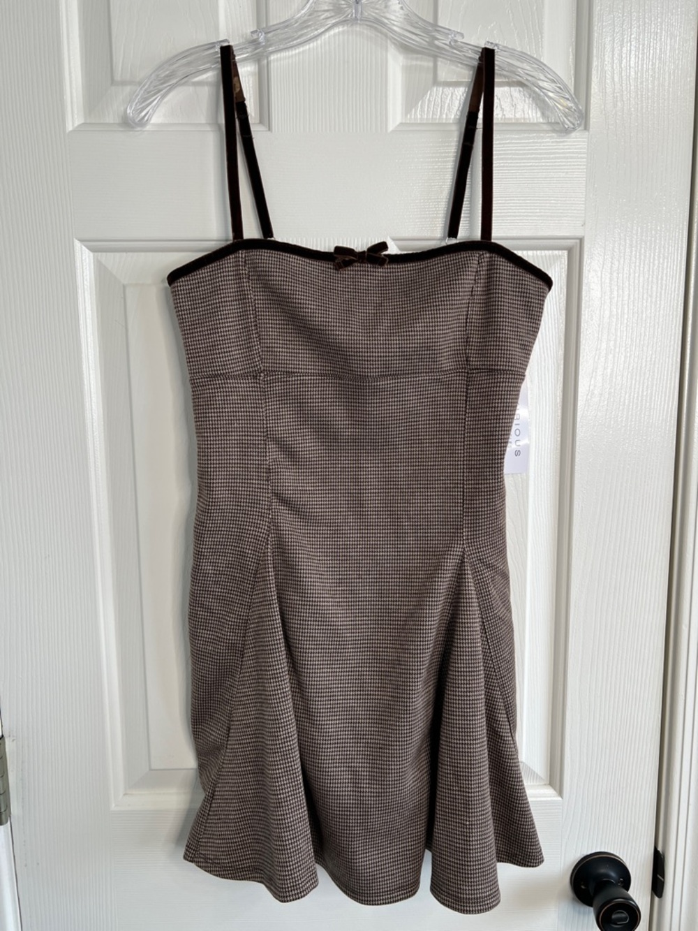 NWT Kirious brown & tan houndstooth mini dress velvet straps size large